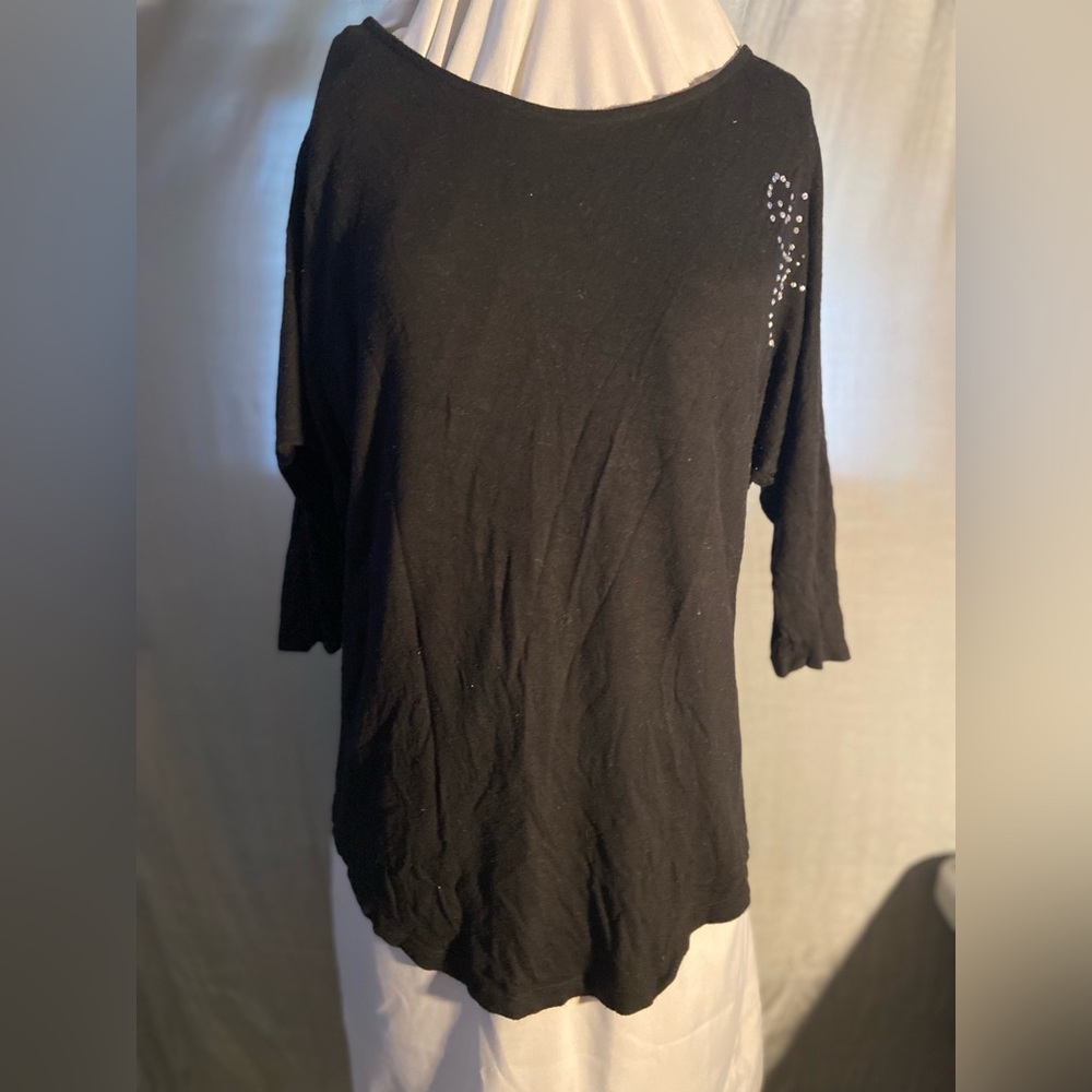 Faded Glory Black 3/4 Sleeve Top with Rhinestone Accent